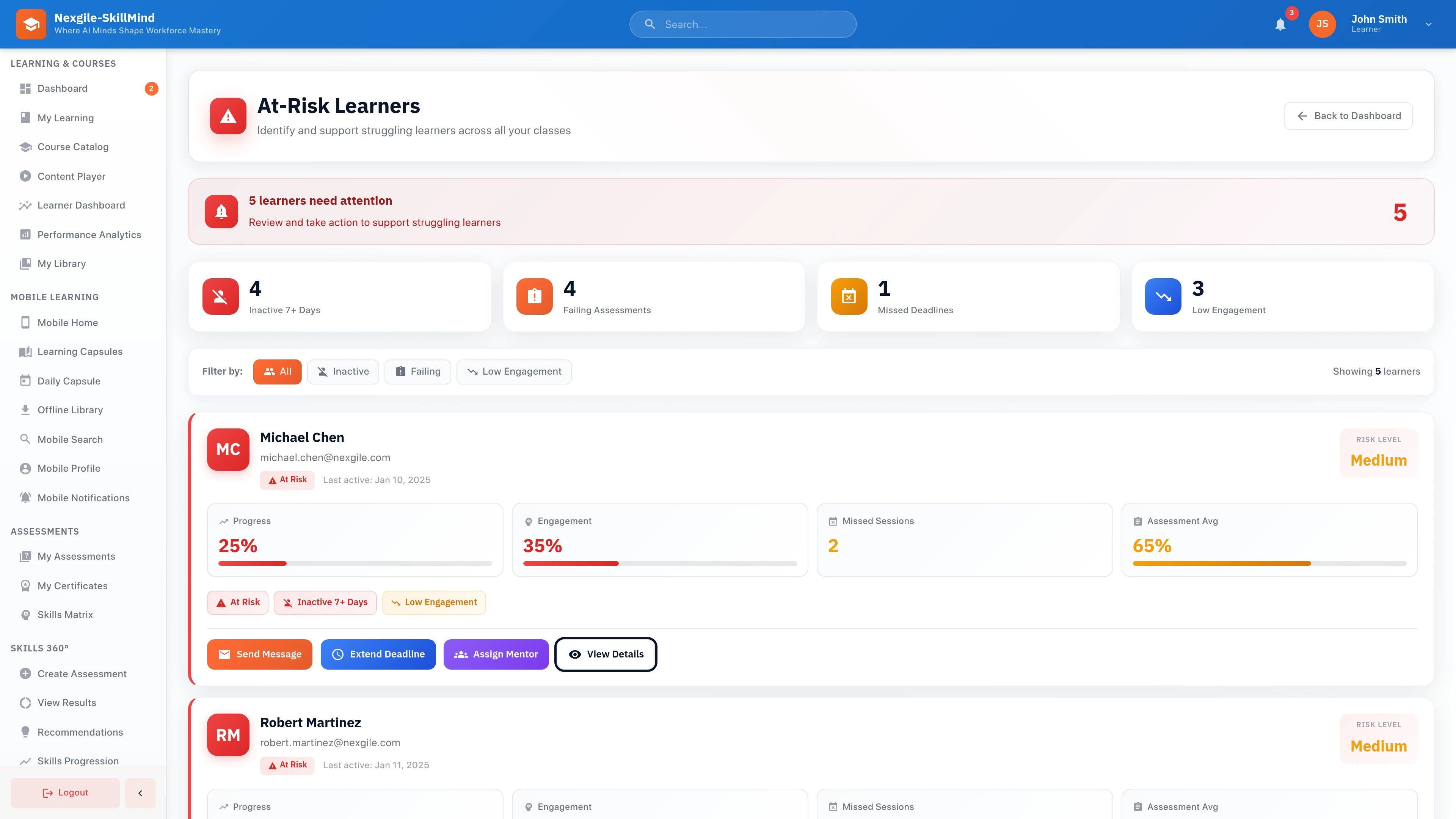 Illustrative preview (sample data, not verified outcomes): Trainer At-Risk Learner Dashboard - Real-time identification and intervention management interface