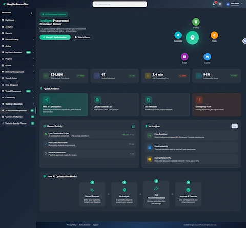 Illustrative preview (sample data, not verified outcomes): Intelligent Procurement Command Center with performance metrics, quick actions, and AI-powered insights