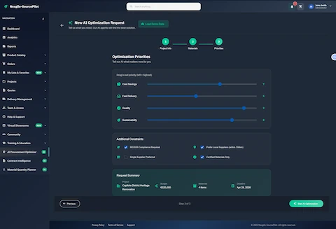 Illustrative preview (sample data, not verified outcomes): Optimization priorities configuration with customizable parameters for cost, delivery, quality, and sustainability
