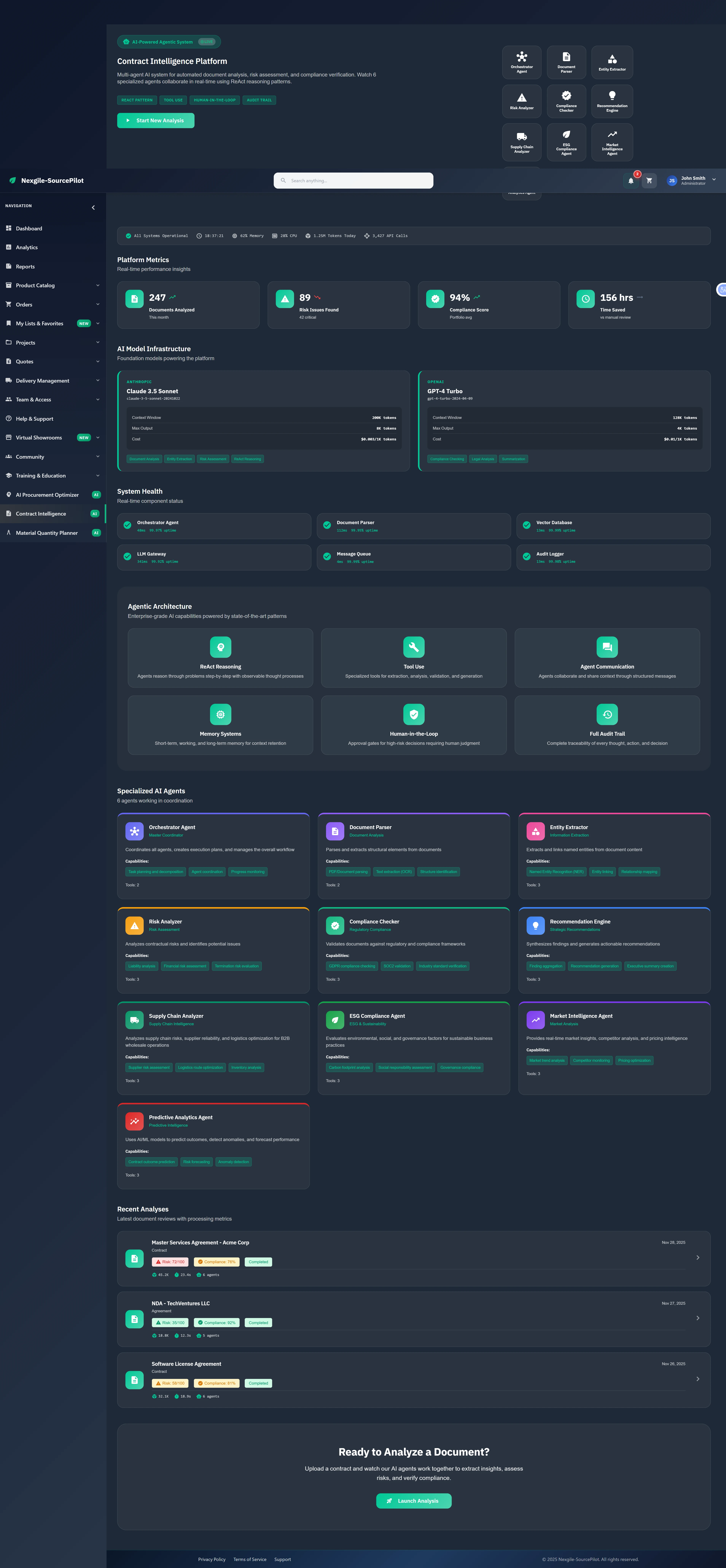 Illustrative preview (sample data, not verified outcomes): Contract Intelligence Platform dashboard with system metrics, AI model infrastructure, and specialized agent overview