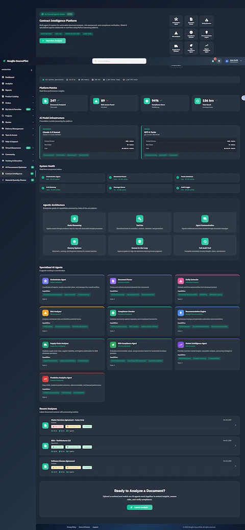 Illustrative preview (sample data, not verified outcomes): Contract Intelligence Platform dashboard with system metrics, AI model infrastructure, and specialized agent overview