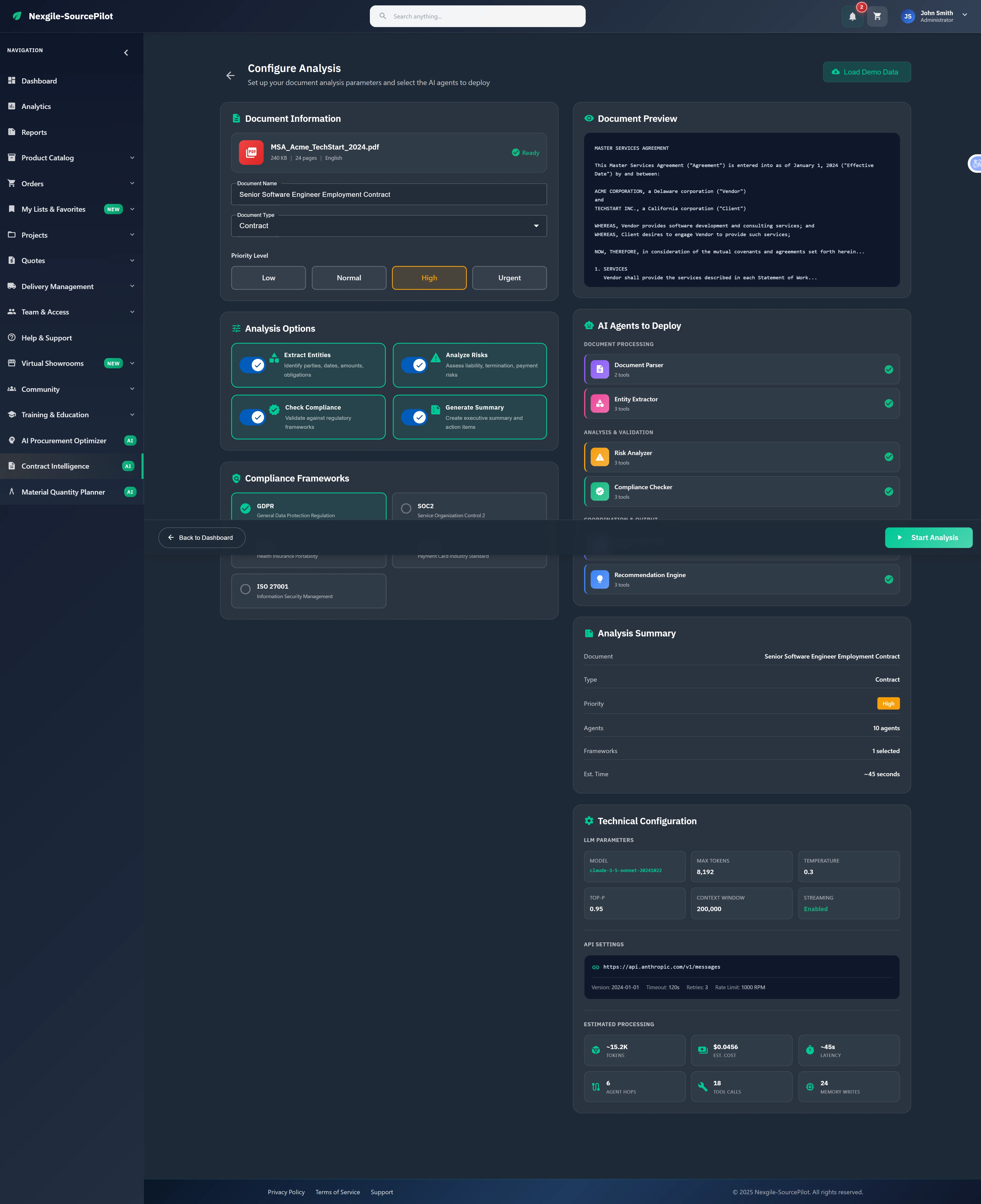 Illustrative preview (sample data, not verified outcomes): Document analysis configuration interface with compliance framework selection and AI agent deployment options