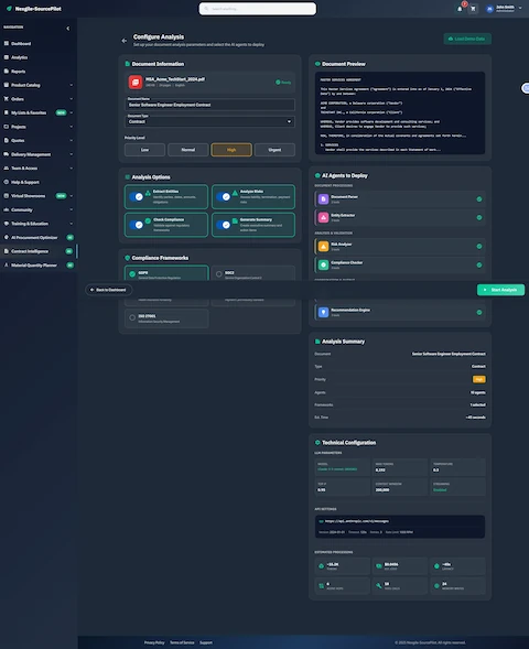 Illustrative preview (sample data, not verified outcomes): Document analysis configuration interface with compliance framework selection and AI agent deployment options
