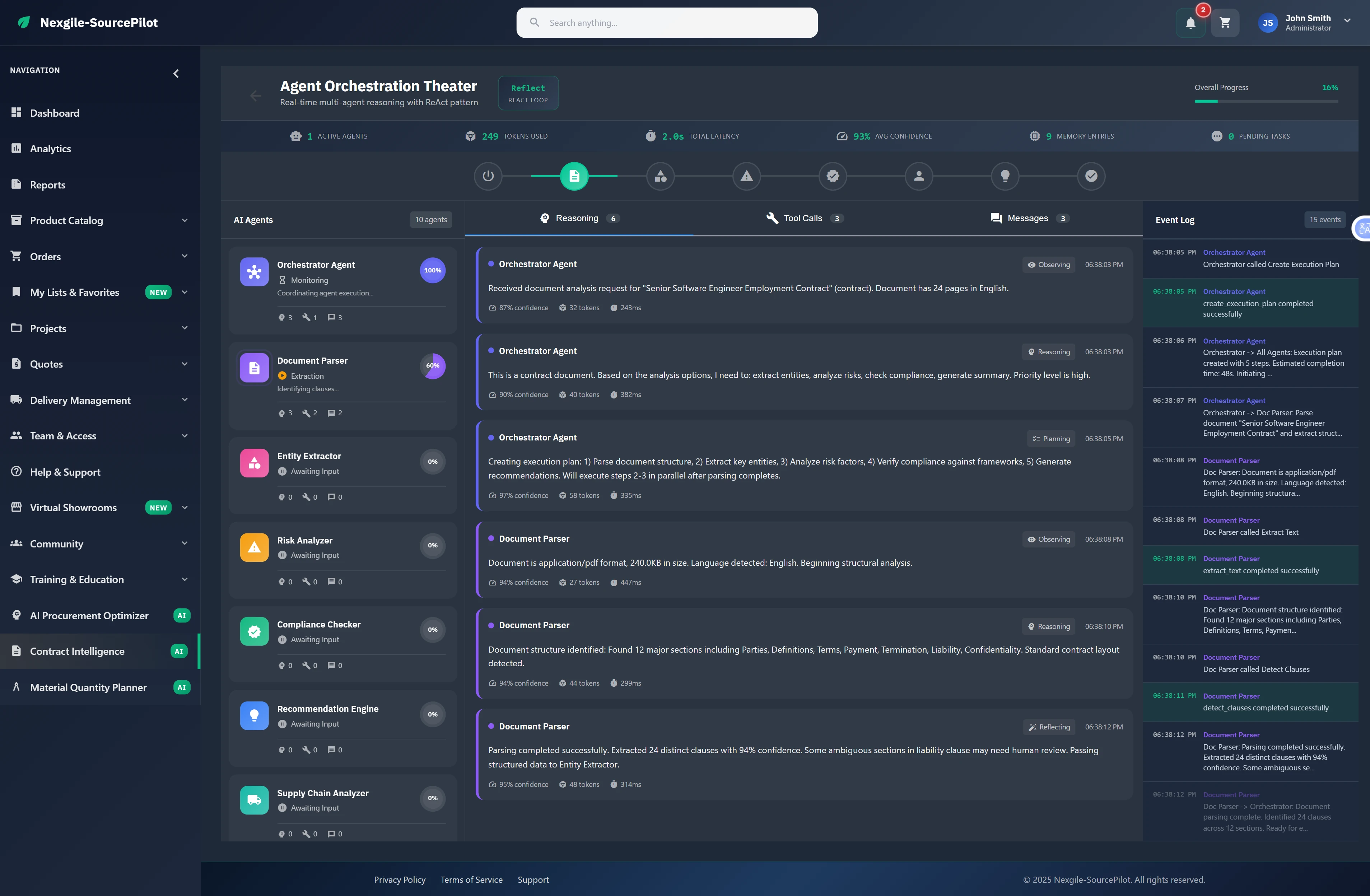 Illustrative preview (sample data, not verified outcomes): Agent Orchestration Theater showing real-time ReAct pattern execution with live reasoning and tool calls