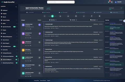 Illustrative preview (sample data, not verified outcomes): Agent Orchestration Theater showing real-time ReAct pattern execution with live reasoning and tool calls