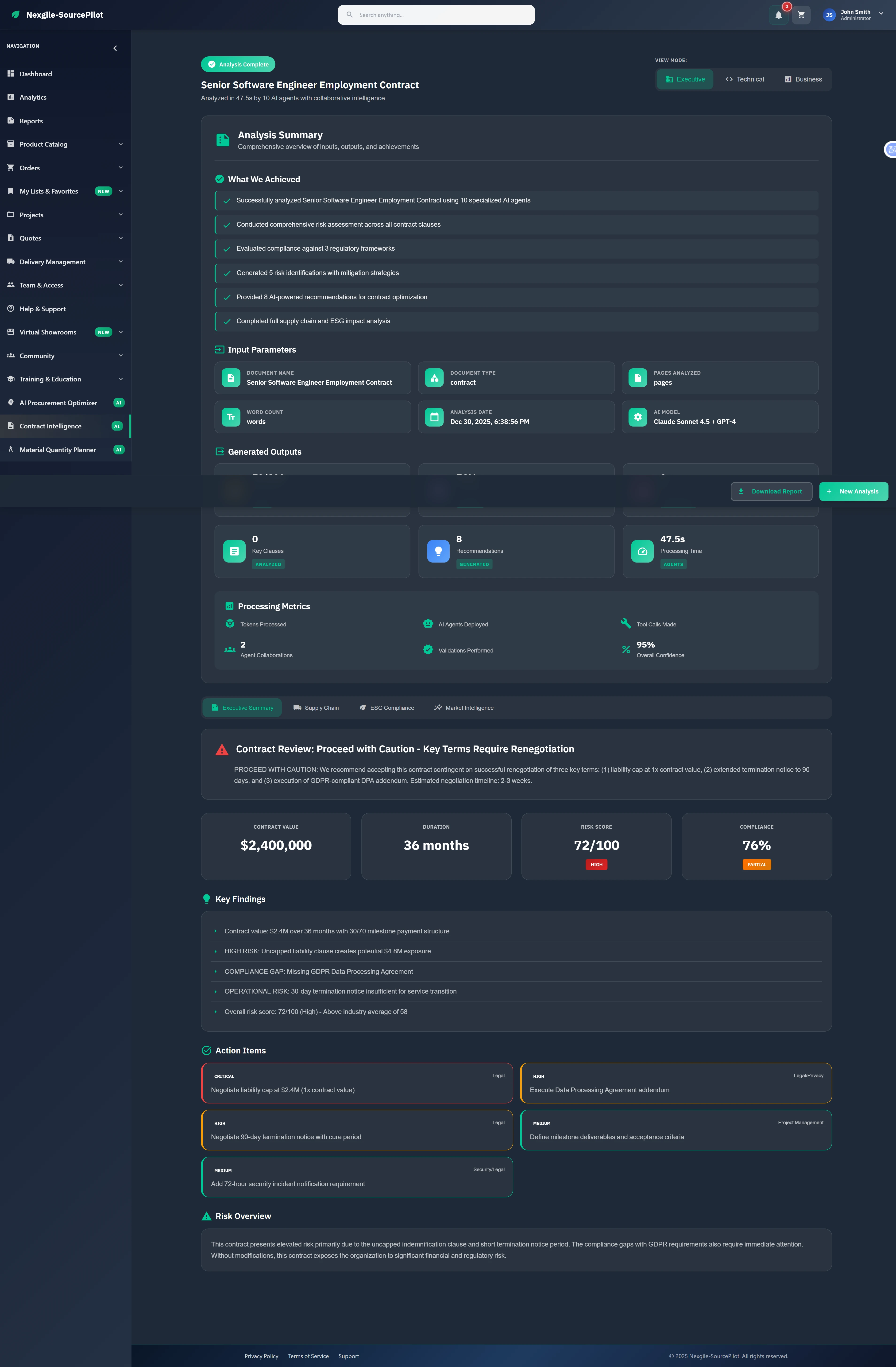 Illustrative preview (sample data, not verified outcomes): Comprehensive contract analysis results with key findings, risk scores, compliance status, and actionable recommendations