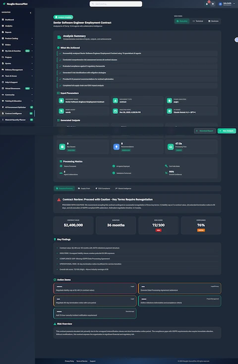 Illustrative preview (sample data, not verified outcomes): Comprehensive contract analysis results with key findings, risk scores, compliance status, and actionable recommendations