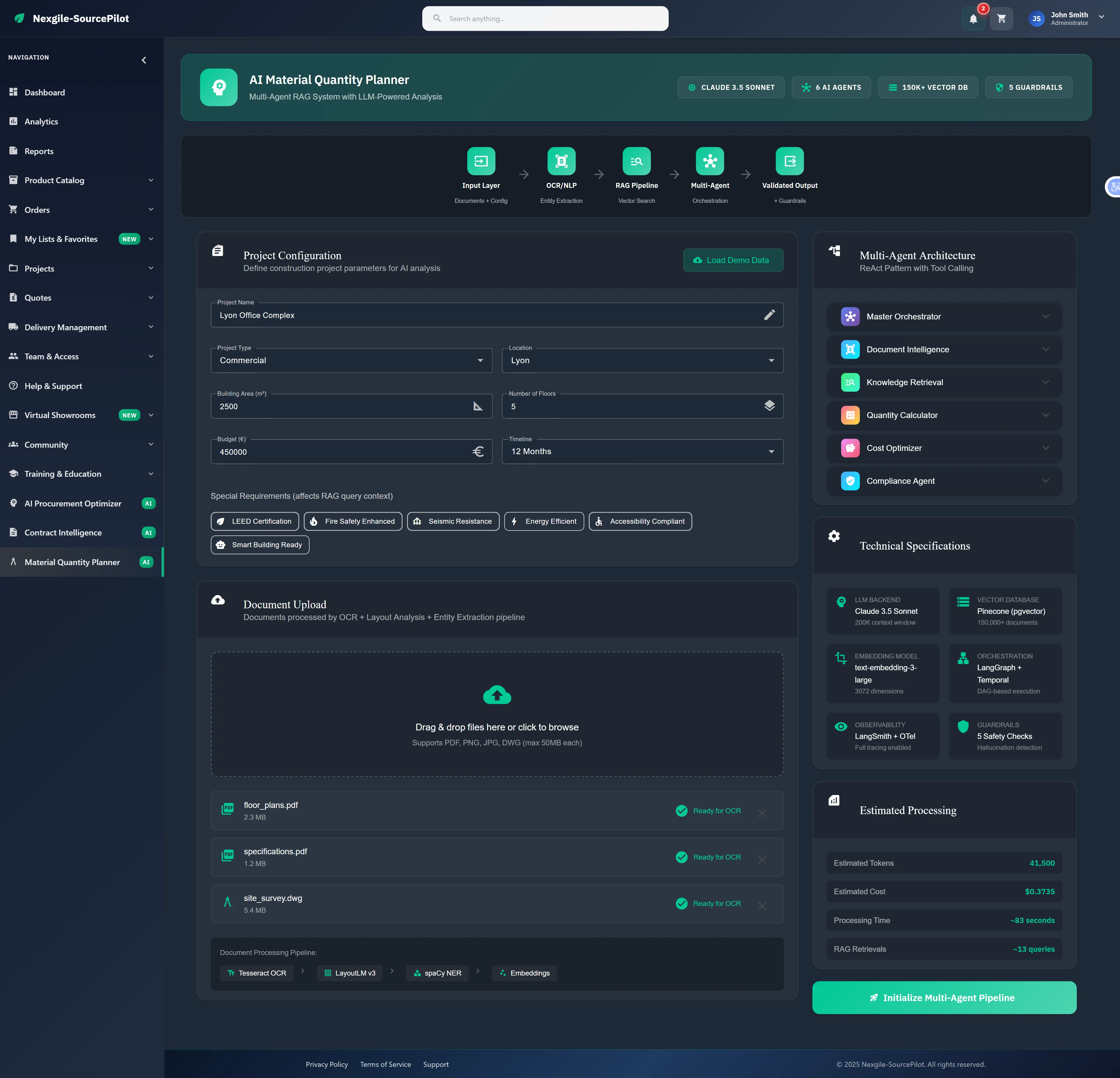Illustrative preview (sample data, not verified outcomes): Project configuration interface with document upload, multi-agent architecture overview, and technical specifications