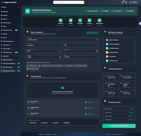 Illustrative preview (sample data, not verified outcomes): Project configuration interface with document upload, multi-agent architecture overview, and technical specifications