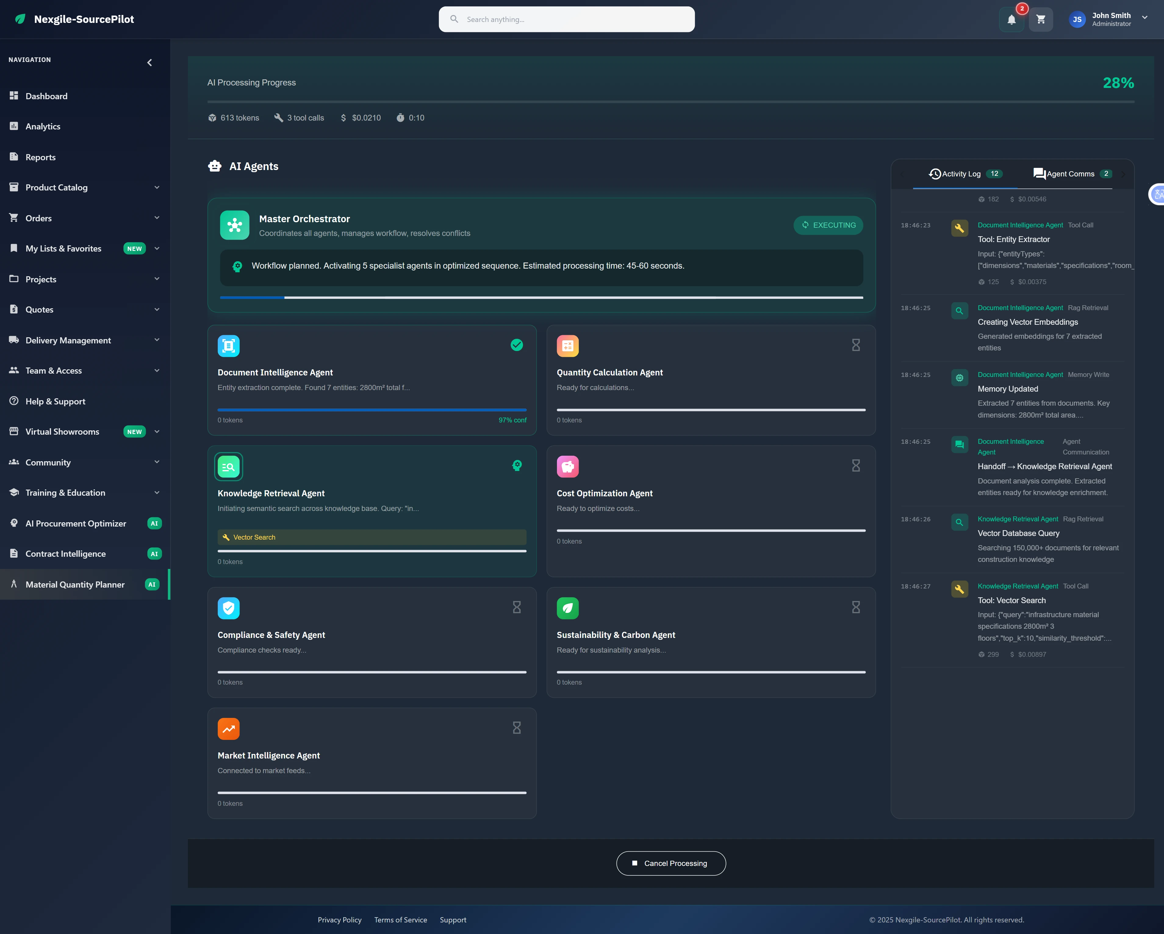 Illustrative preview (sample data, not verified outcomes): AI processing progress view showing real-time execution of 8 specialized agents with live activity log