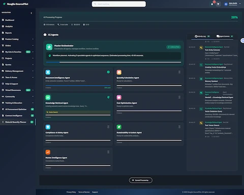 Illustrative preview (sample data, not verified outcomes): AI processing progress view showing real-time execution of 8 specialized agents with live activity log