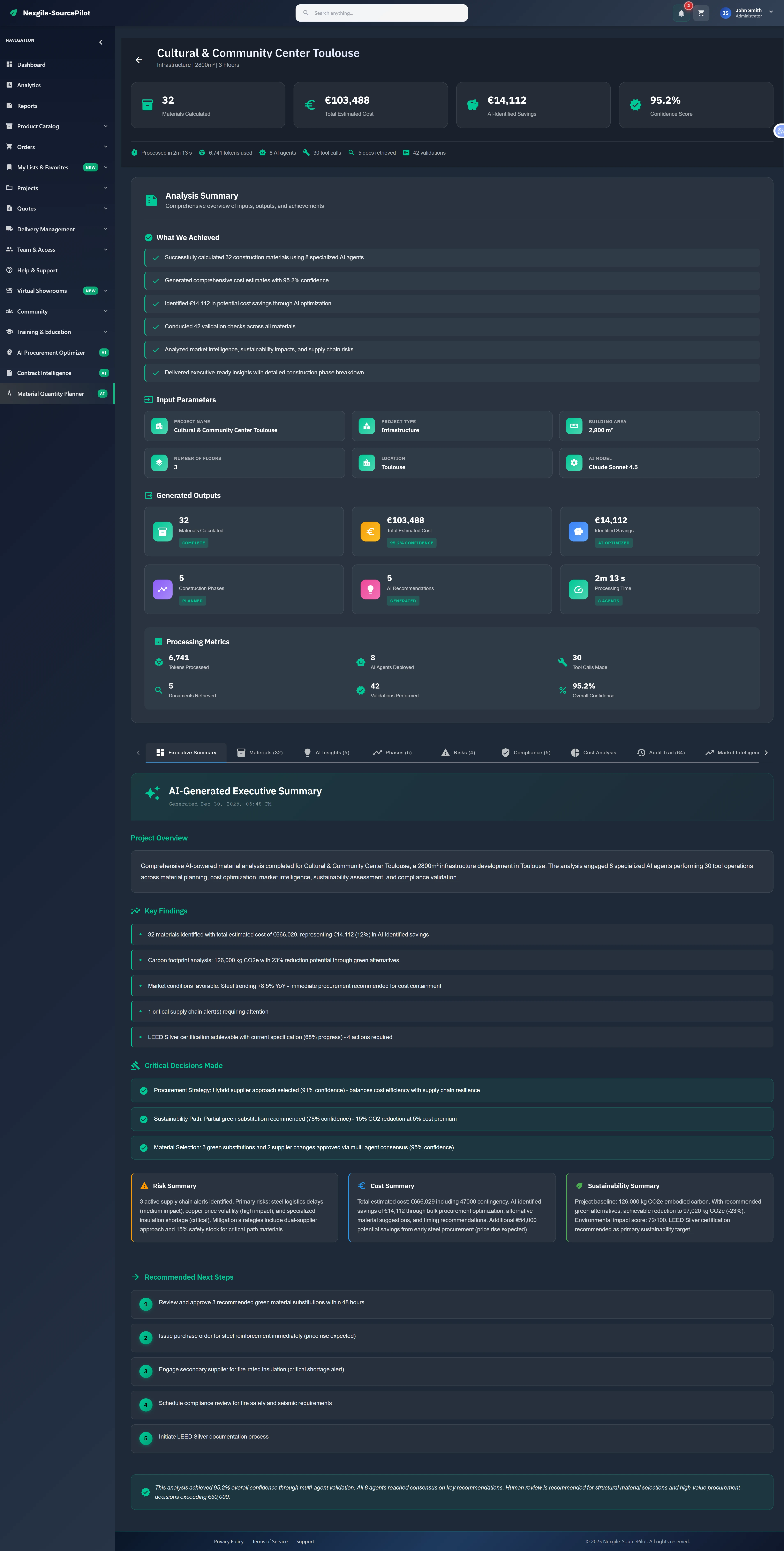 Illustrative preview (sample data, not verified outcomes): Comprehensive analysis results with material calculations, cost estimates, and AI-generated executive summary