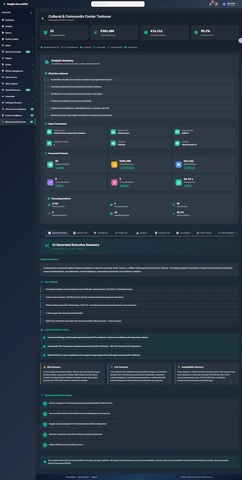 Illustrative preview (sample data, not verified outcomes): Comprehensive analysis results with material calculations, cost estimates, and AI-generated executive summary
