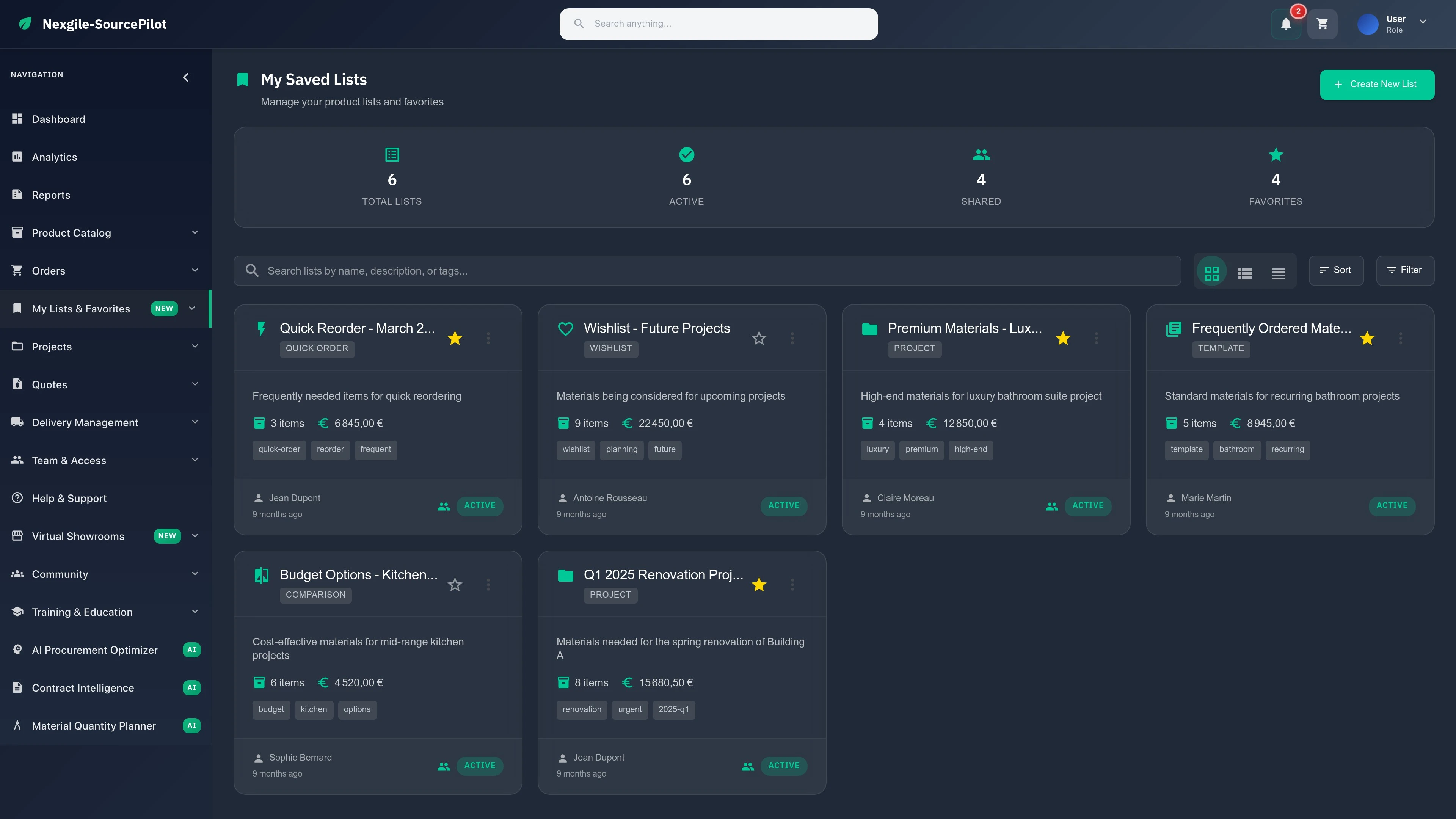 Illustrative preview (sample data, not verified outcomes): Saved Lists - Material lists and quotes management