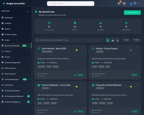 Illustrative preview (sample data, not verified outcomes): Saved Lists - Material lists and quotes management