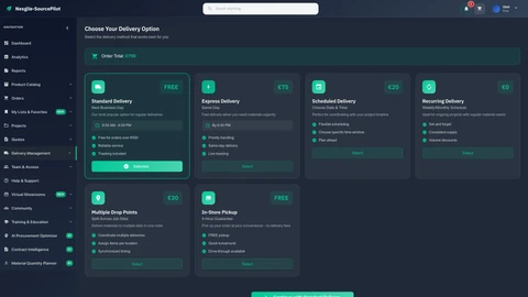 Illustrative preview (sample data, not verified outcomes): Delivery options interface showing available delivery windows and scheduling features