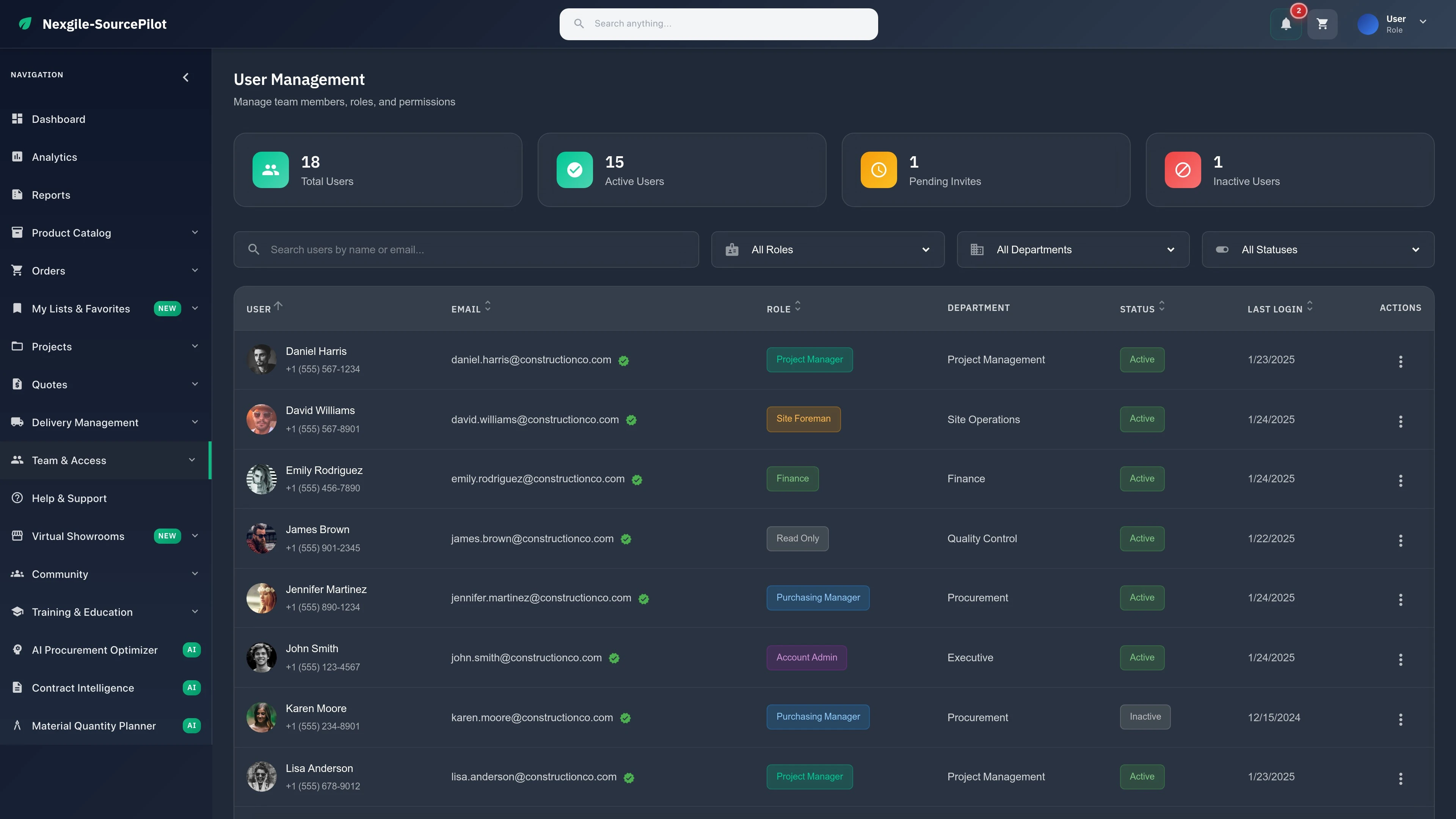 Illustrative preview (sample data, not verified outcomes): Settings - User Management Interface
