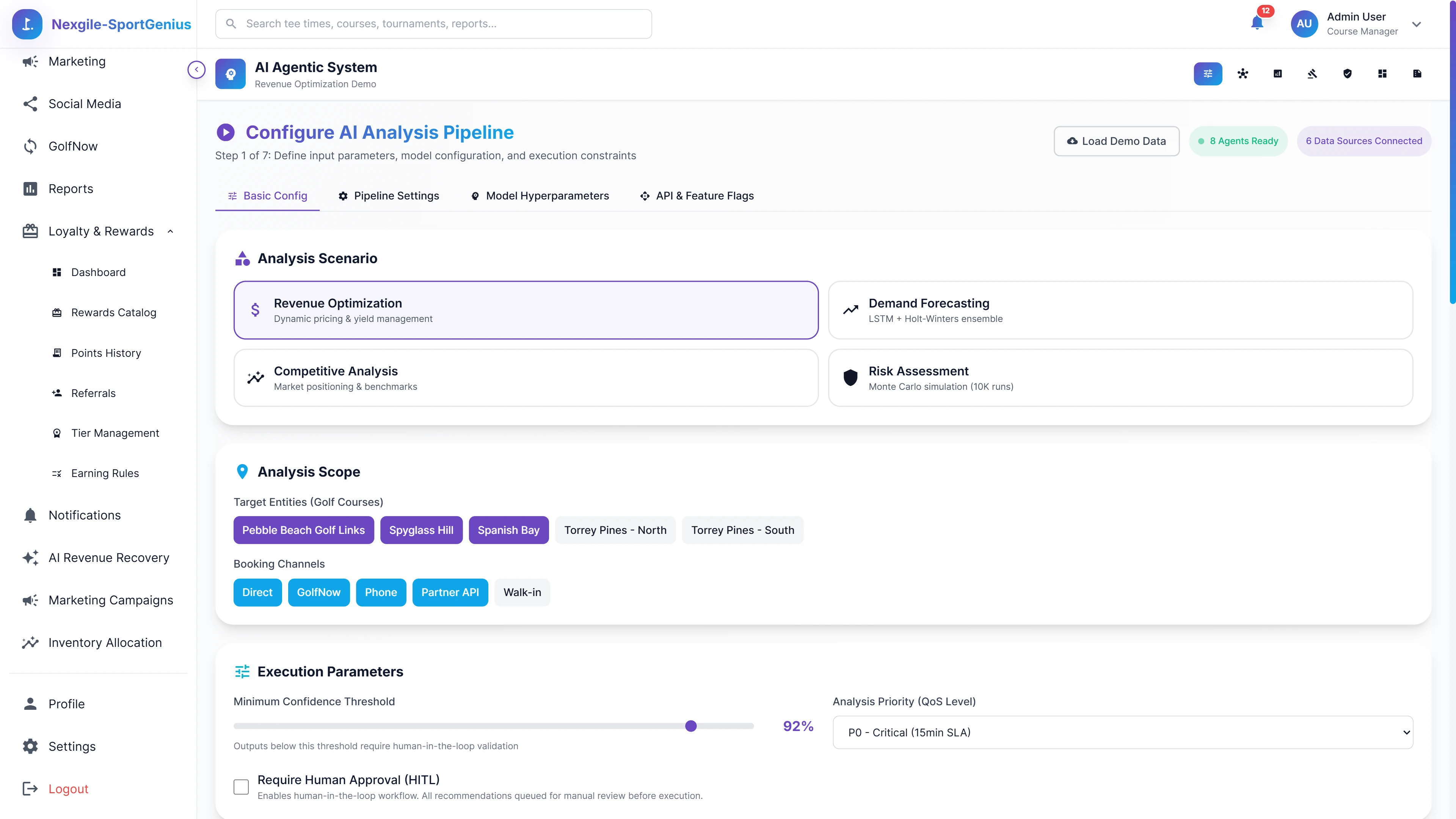 Illustrative preview (sample data, not verified outcomes): Input Configuration Screen - Define analysis scenarios, target entities, booking channels, and execution parameters with confidence thresholds