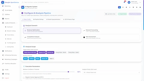 Illustrative preview (sample data, not verified outcomes): Input Configuration Screen - Define analysis scenarios, target entities, booking channels, and execution parameters with confidence thresholds