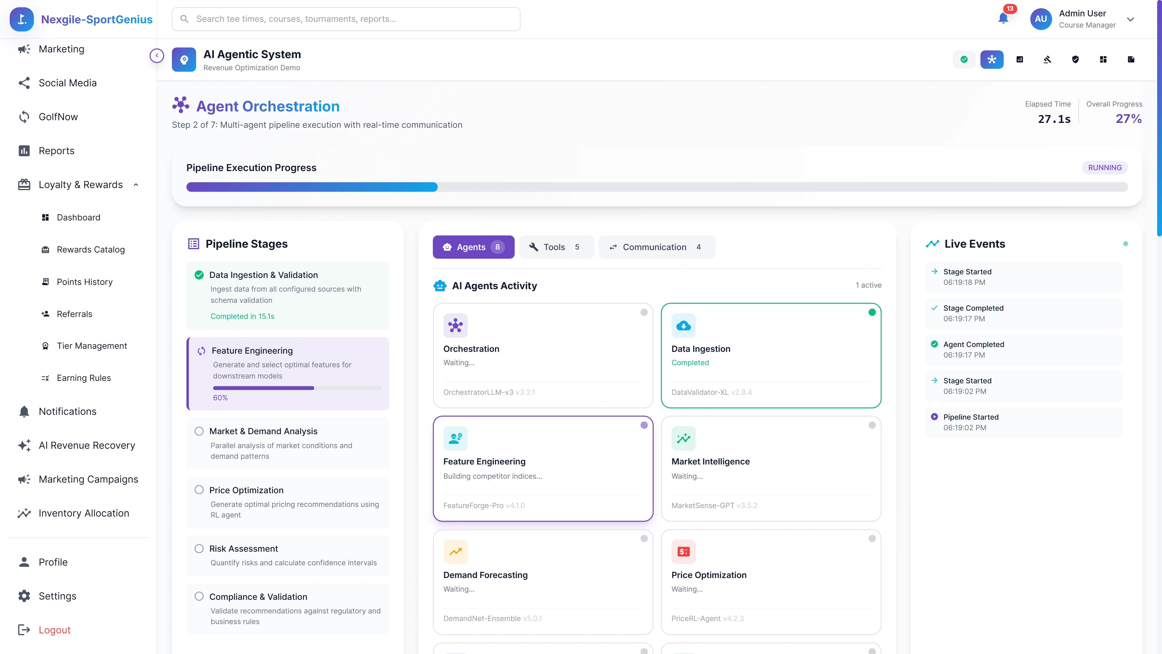 Illustrative preview (sample data, not verified outcomes): Real-Time Agent Orchestration - Multi-agent pipeline execution with 8 specialist agents collaborating through pipeline stages and live event monitoring