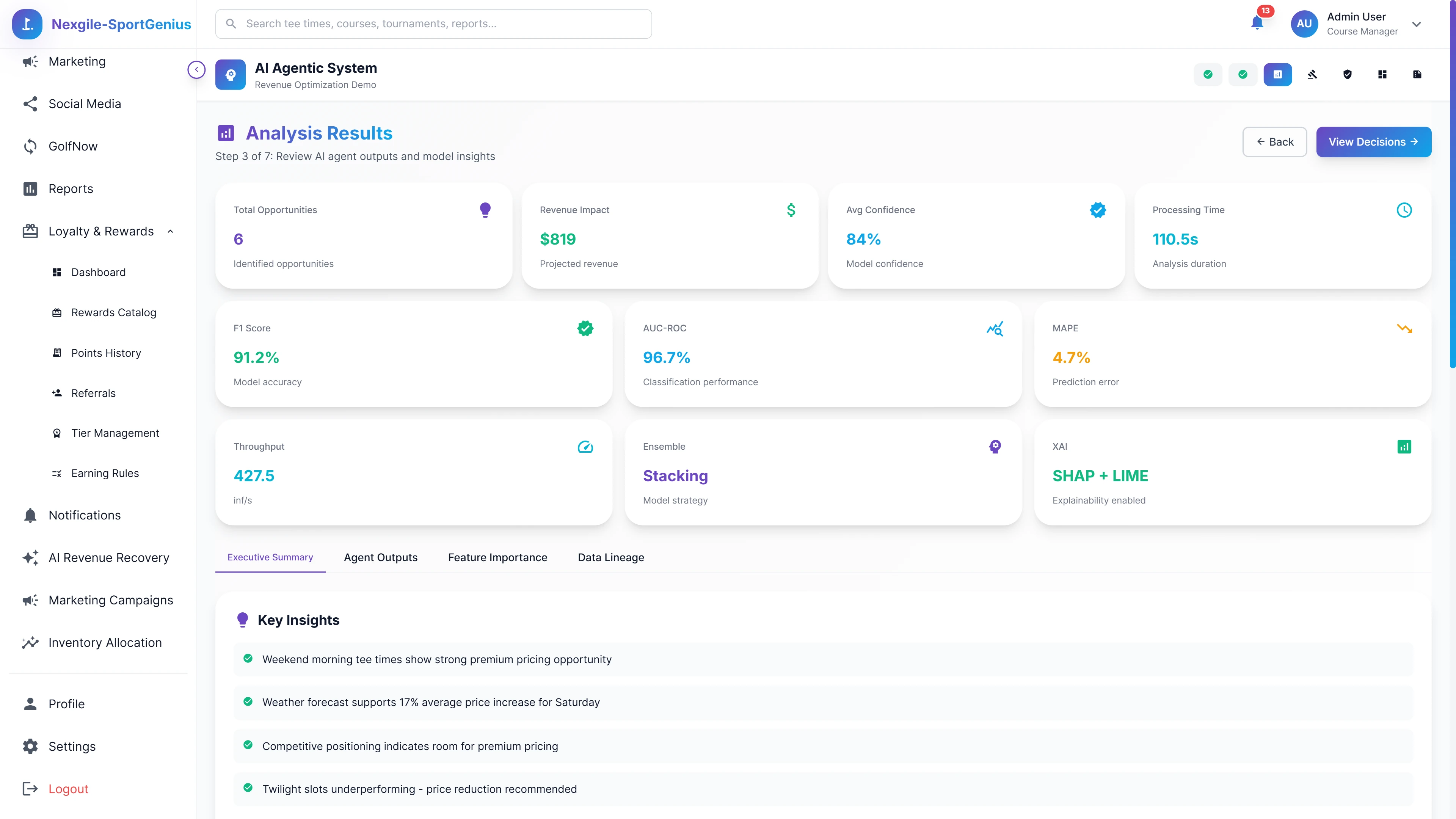 Illustrative preview (sample data, not verified outcomes): Analysis Results Dashboard - AI-generated insights with revenue opportunities, model performance metrics, and actionable pricing recommendations