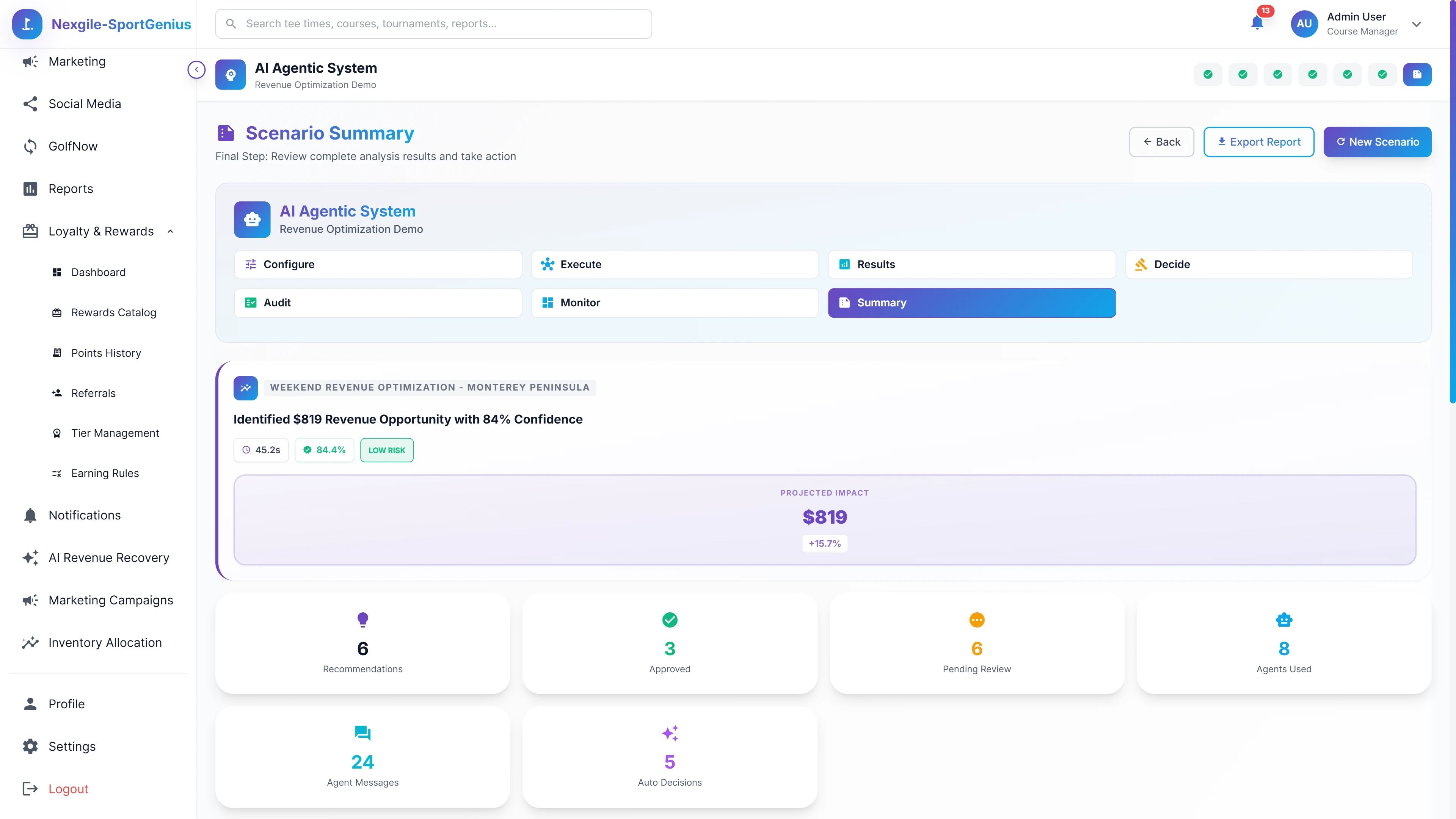 Illustrative preview (sample data, not verified outcomes): Scenario Summary - Complete analysis review with identified revenue opportunities, confidence scores, and comprehensive recommendation breakdown