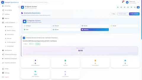 Illustrative preview (sample data, not verified outcomes): Scenario Summary - Complete analysis review with identified revenue opportunities, confidence scores, and comprehensive recommendation breakdown