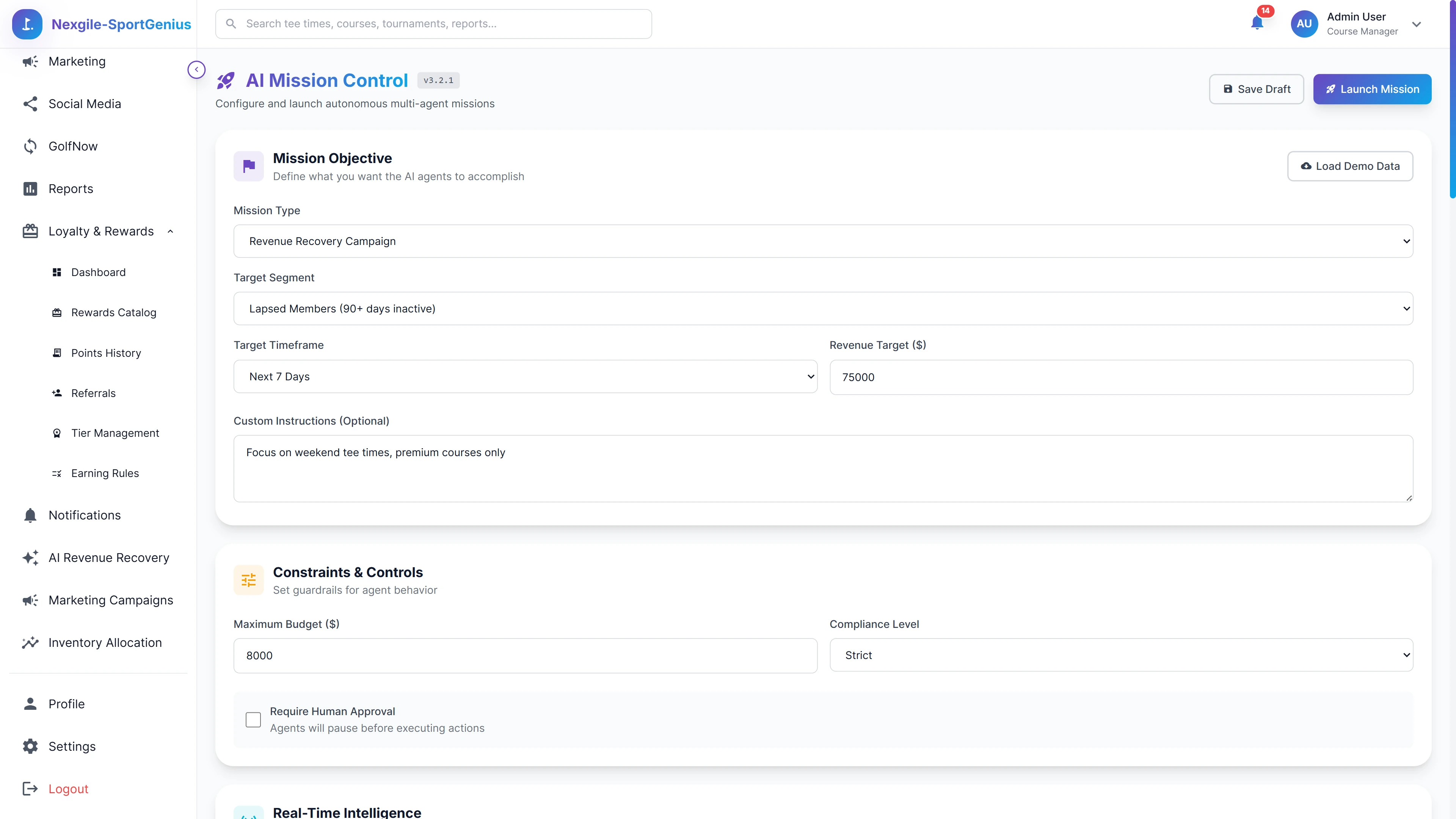Illustrative preview (sample data, not verified outcomes): Mission Control Configuration - Define campaign objectives, target segments, revenue goals, budget constraints, and compliance guardrails