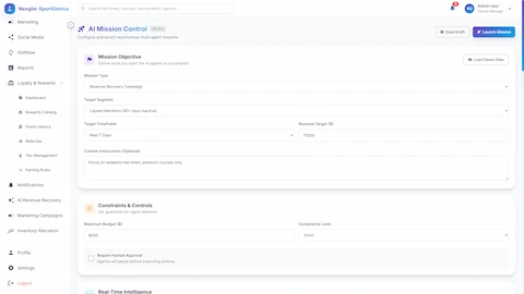 Illustrative preview (sample data, not verified outcomes): Mission Control Configuration - Define campaign objectives, target segments, revenue goals, budget constraints, and compliance guardrails