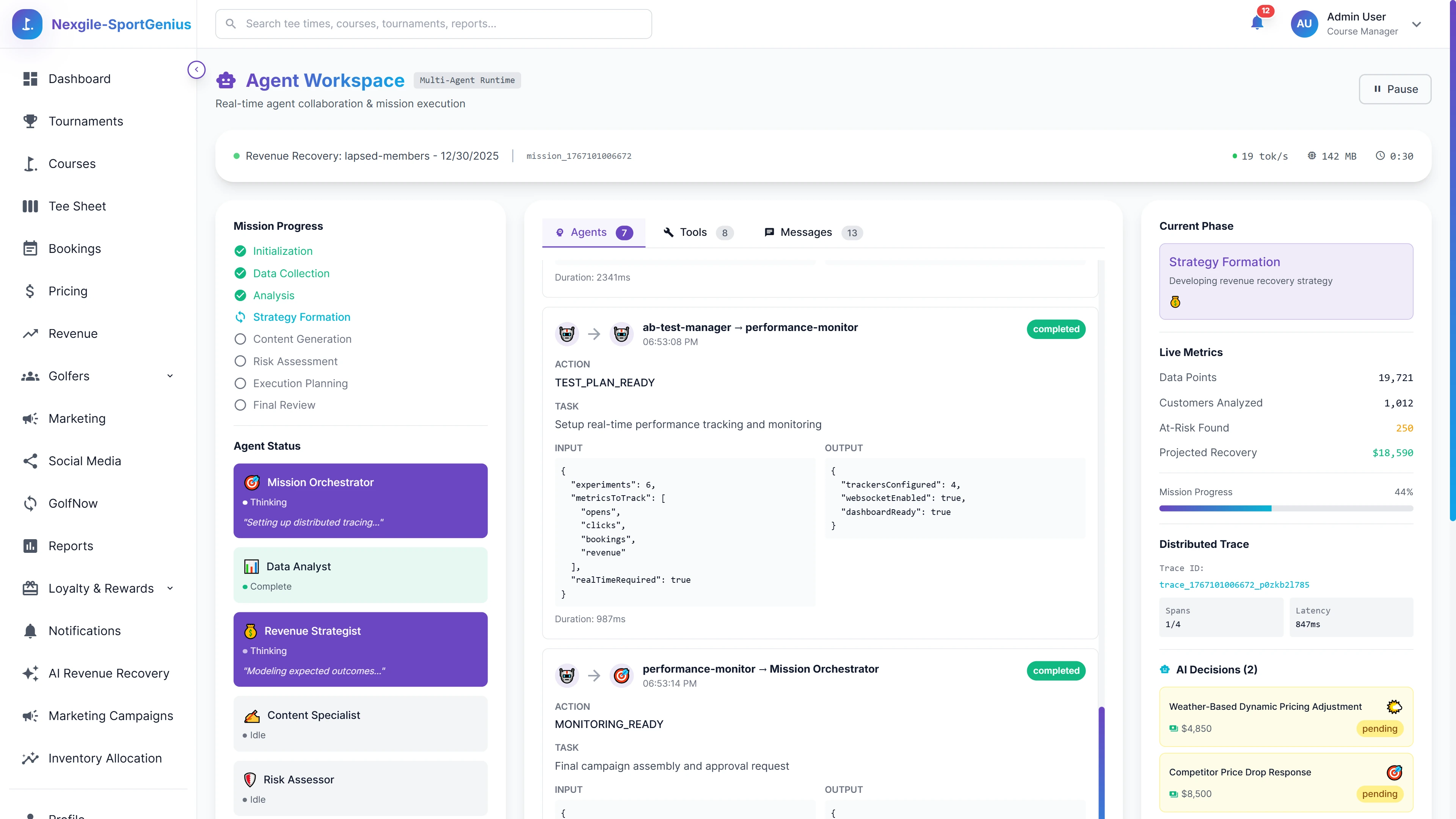 Illustrative preview (sample data, not verified outcomes): Agent Workspace - Real-time visibility into multi-agent collaboration with mission progress tracking, agent status, and distributed tracing
