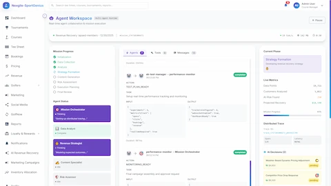 Illustrative preview (sample data, not verified outcomes): Agent Workspace - Real-time visibility into multi-agent collaboration with mission progress tracking, agent status, and distributed tracing