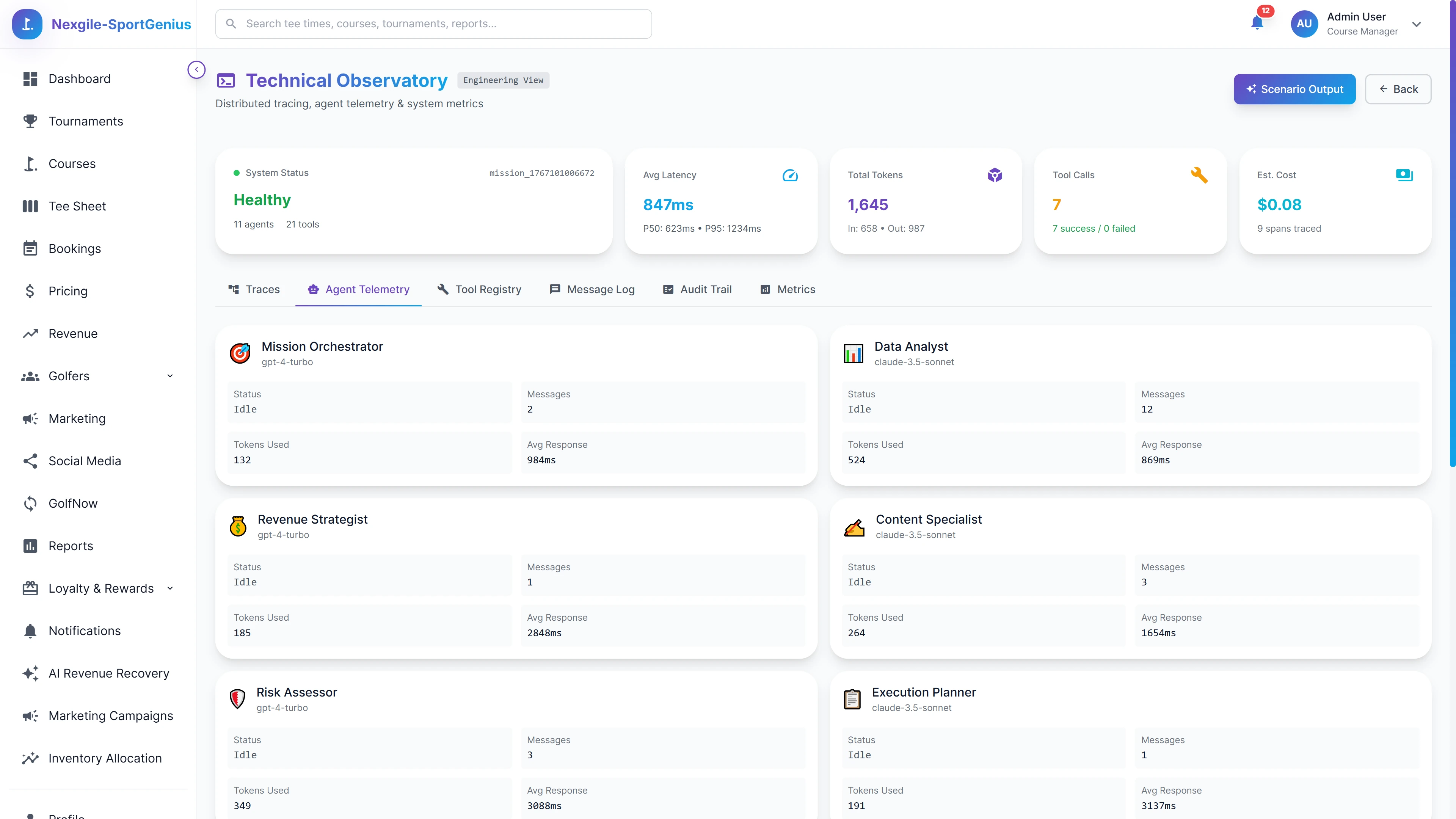 Illustrative preview (sample data, not verified outcomes): Technical Observatory - Engineering view with agent telemetry, performance metrics, token usage, and distributed system observability