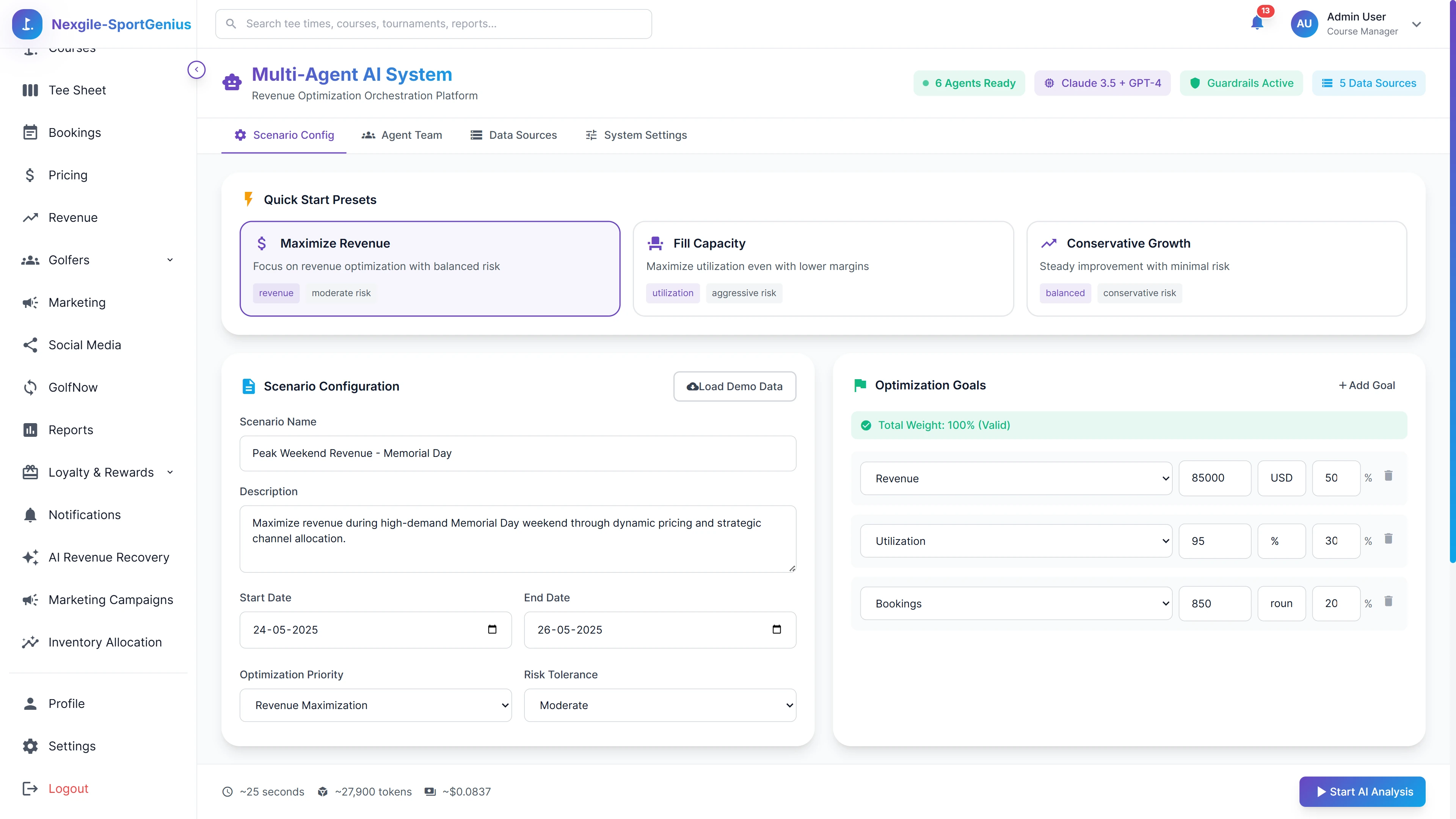Illustrative preview (sample data, not verified outcomes): Scenario Configuration - Quick start presets and detailed optimization goal setup with weighted targets for revenue, utilization, and bookings
