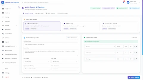Illustrative preview (sample data, not verified outcomes): Scenario Configuration - Quick start presets and detailed optimization goal setup with weighted targets for revenue, utilization, and bookings