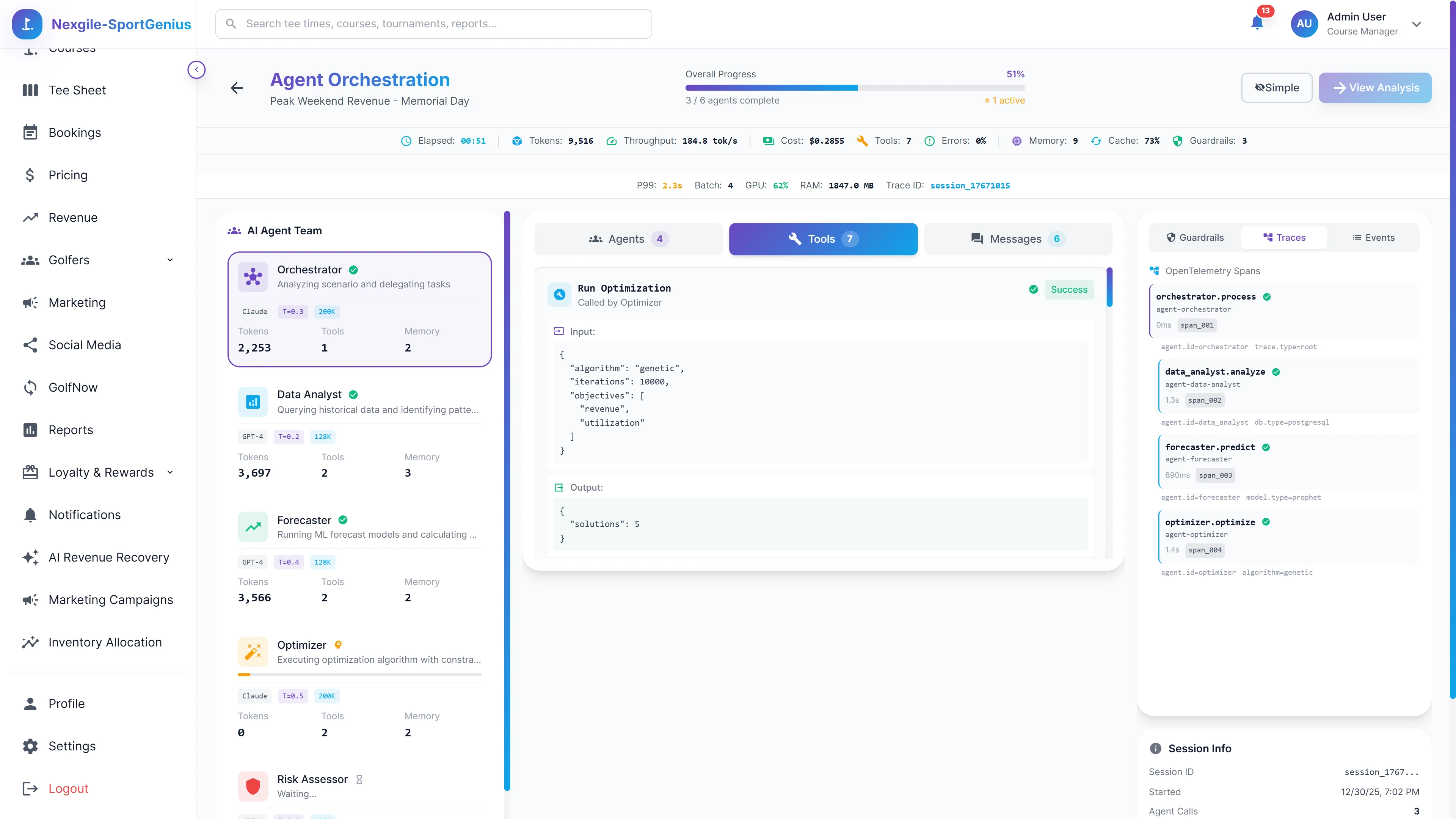 Illustrative preview (sample data, not verified outcomes): Multi-Agent Orchestration - Real-time 6-agent collaboration with progress tracking, tool invocations, and OpenTelemetry distributed tracing