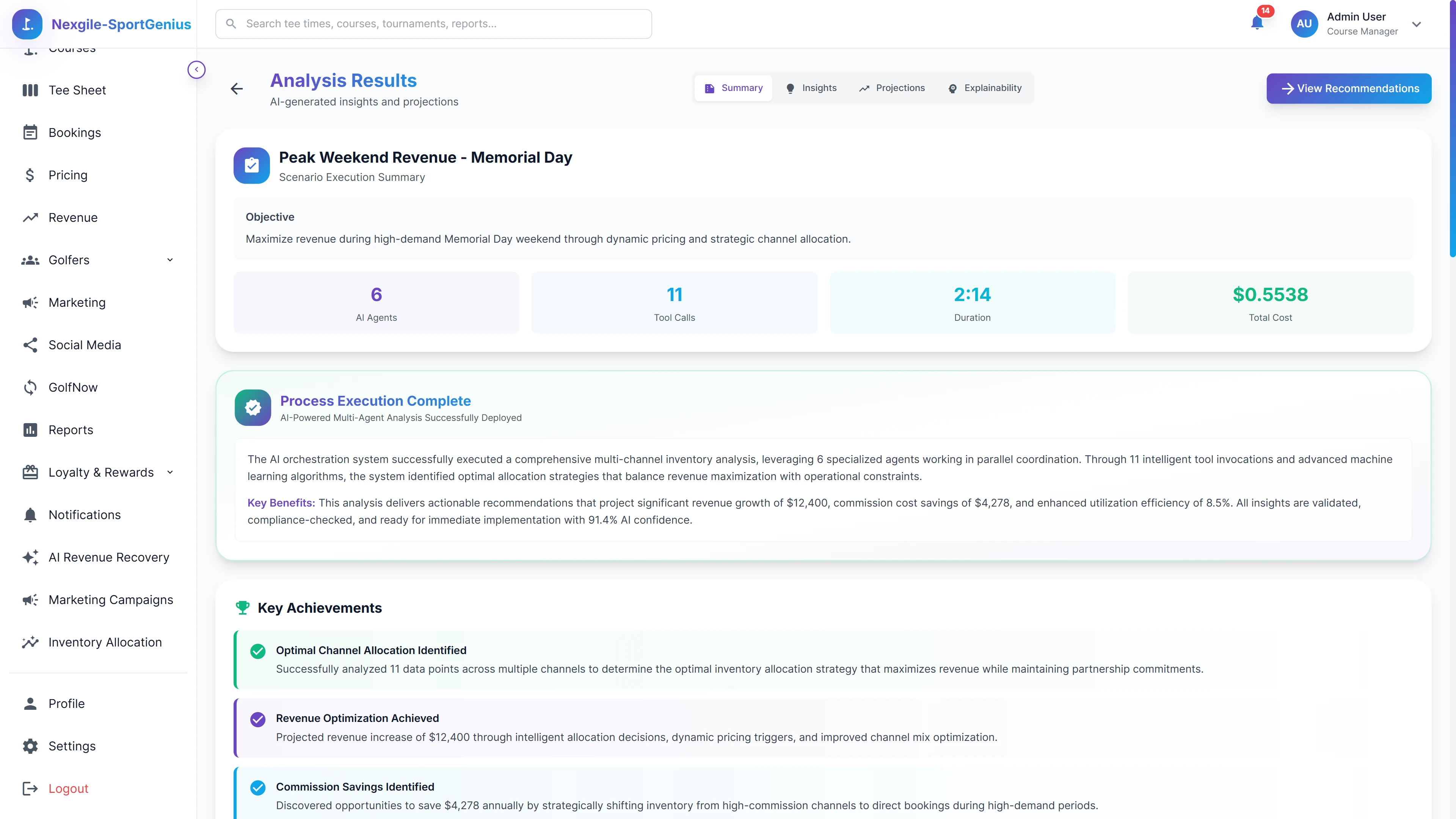 Illustrative preview (sample data, not verified outcomes): Strategic Analysis Results - Comprehensive insights showing optimal channel allocation, revenue projections, and commission savings opportunities