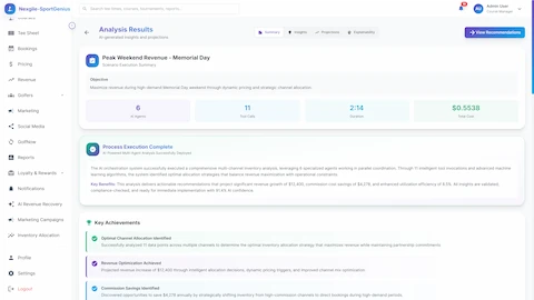Illustrative preview (sample data, not verified outcomes): Strategic Analysis Results - Comprehensive insights showing optimal channel allocation, revenue projections, and commission savings opportunities