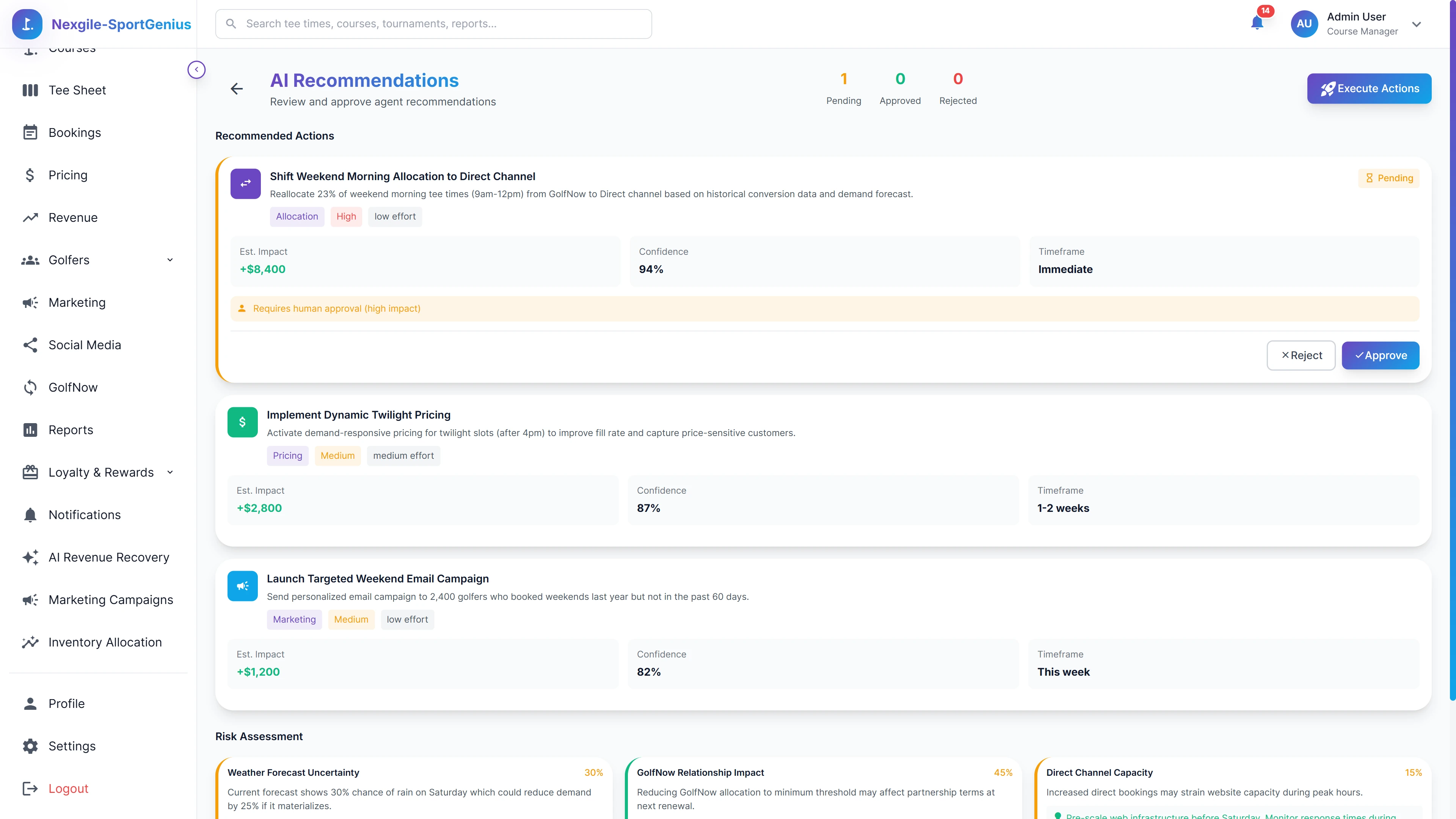 Illustrative preview (sample data, not verified outcomes): AI Recommendations Review - Actionable recommendations with impact estimates, confidence levels, timeframes, and risk assessment analysis