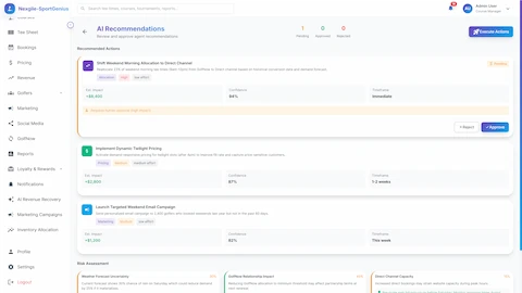 Illustrative preview (sample data, not verified outcomes): AI Recommendations Review - Actionable recommendations with impact estimates, confidence levels, timeframes, and risk assessment analysis