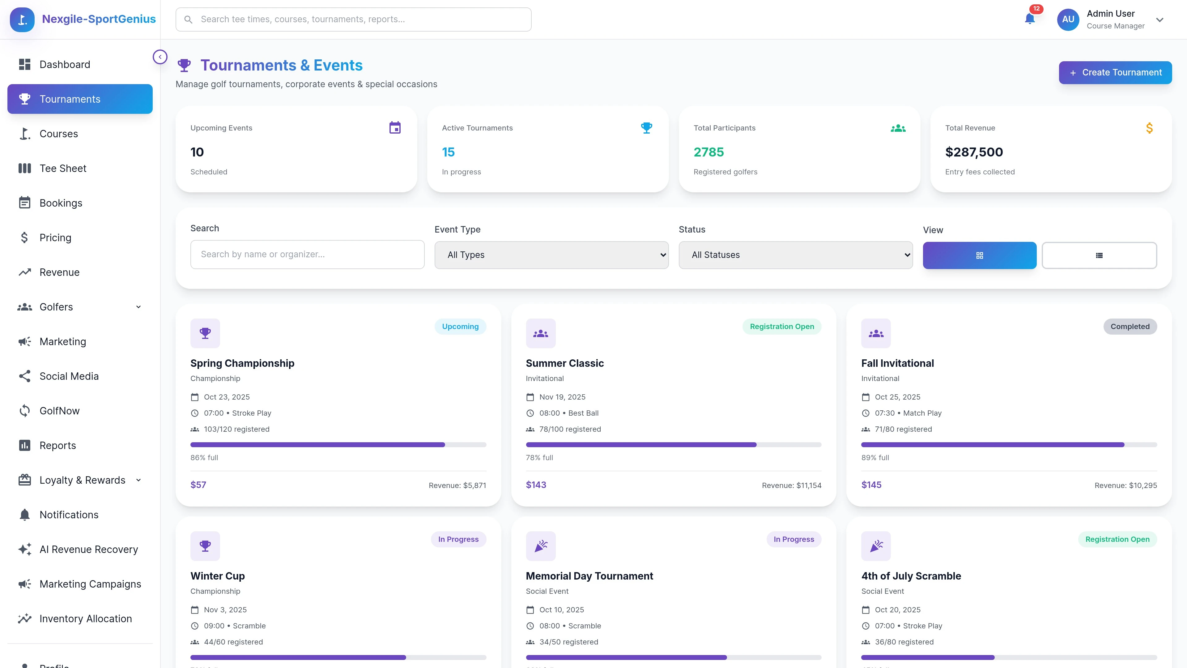 Illustrative preview (sample data, not verified outcomes): Tournaments Management Interface