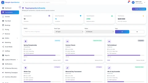 Illustrative preview (sample data, not verified outcomes): Tournaments Management Interface