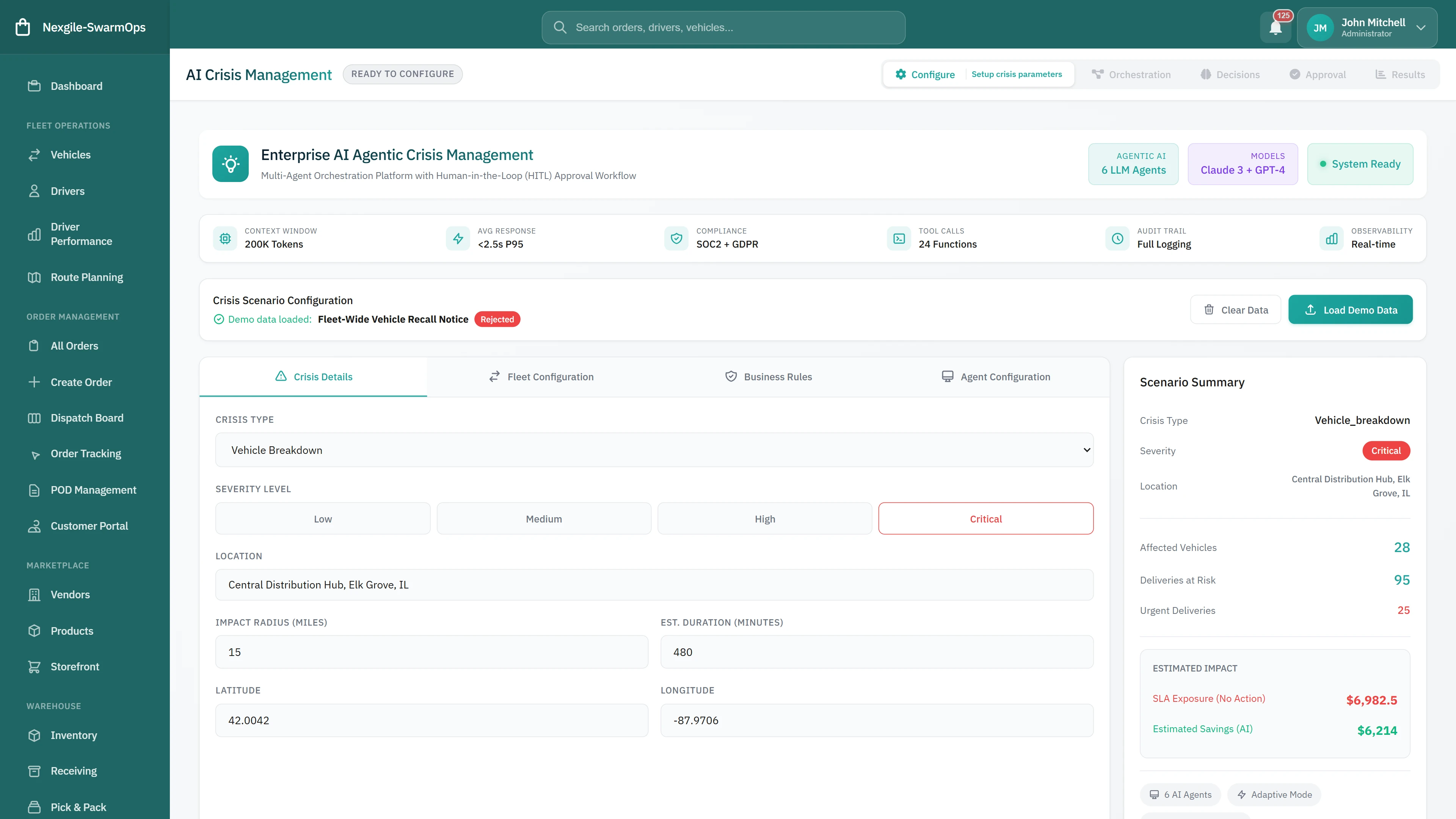 Illustrative preview (sample data, not verified outcomes): AI Crisis Management Configuration - Crisis scenario setup with severity levels, location parameters, and real-time scenario summary