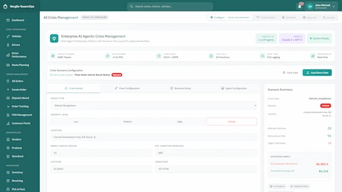 Illustrative preview (sample data, not verified outcomes): AI Crisis Management Configuration - Crisis scenario setup with severity levels, location parameters, and real-time scenario summary