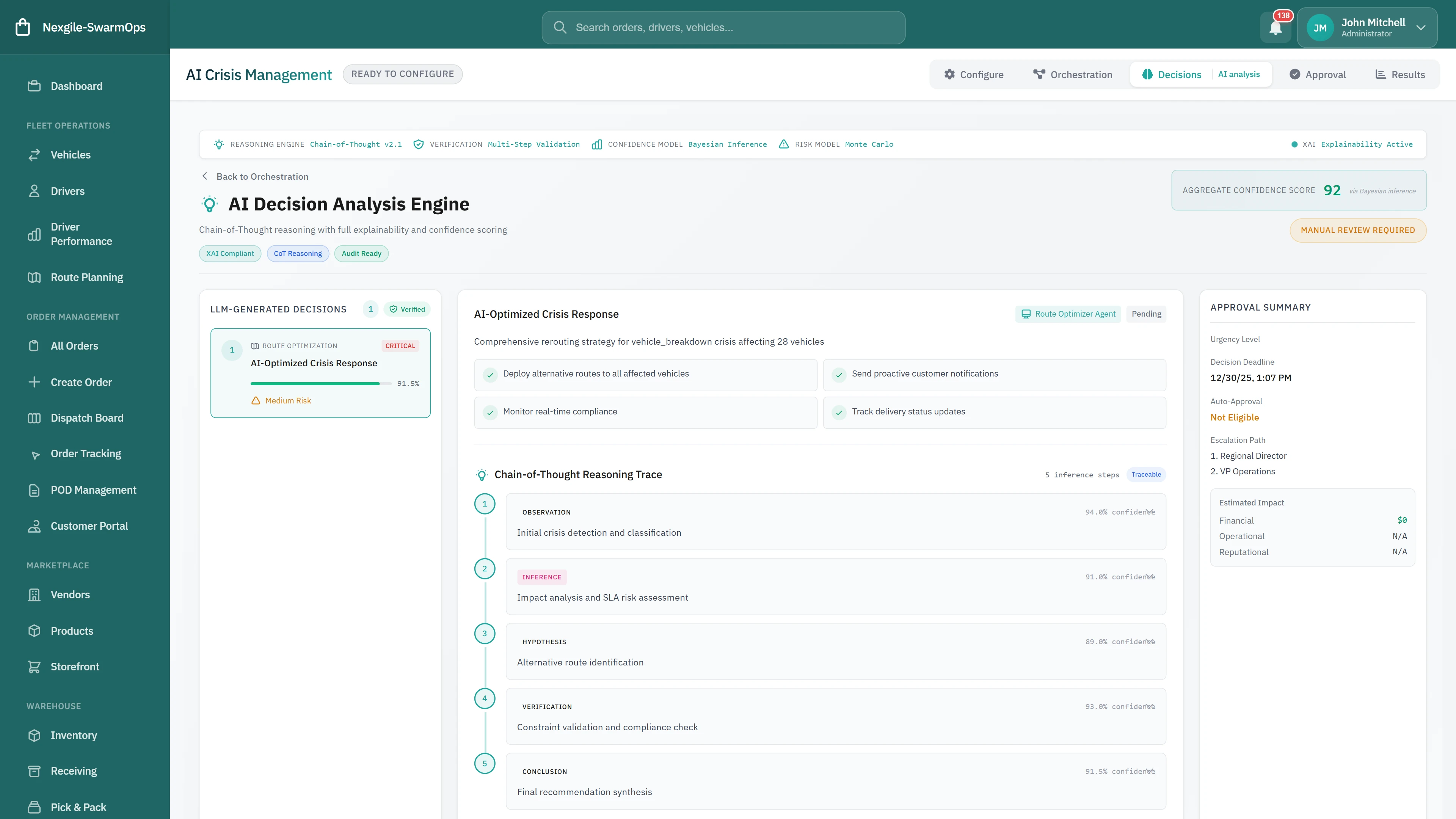 Illustrative preview (sample data, not verified outcomes): AI Decision Analysis Engine - Chain-of-thought reasoning trace showing observation, inference, hypothesis, verification, and conclusion steps with confidence scoring