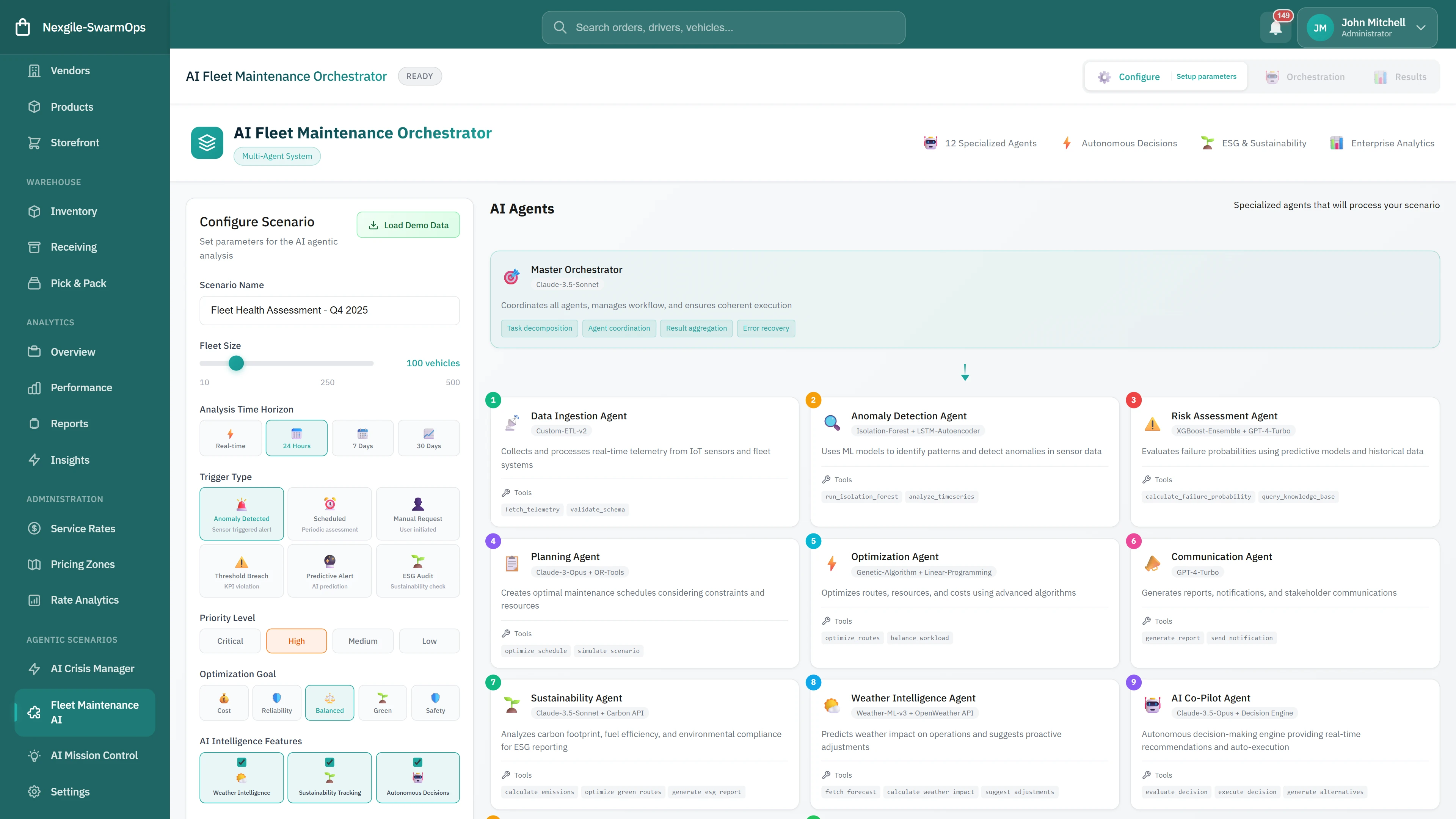 Illustrative preview (sample data, not verified outcomes): AI Fleet Maintenance Orchestrator - AI Agents configuration panel showing Master Orchestrator, Anomaly Detection, Risk Assessment, Planning, and Sustainability agents