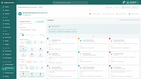 Illustrative preview (sample data, not verified outcomes): AI Fleet Maintenance Orchestrator - AI Agents configuration panel showing Master Orchestrator, Anomaly Detection, Risk Assessment, Planning, and Sustainability agents