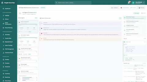 Illustrative preview (sample data, not verified outcomes): AI Agent Orchestration - Live execution view with active agents, Master Orchestrator analysis, and real-time execution logs