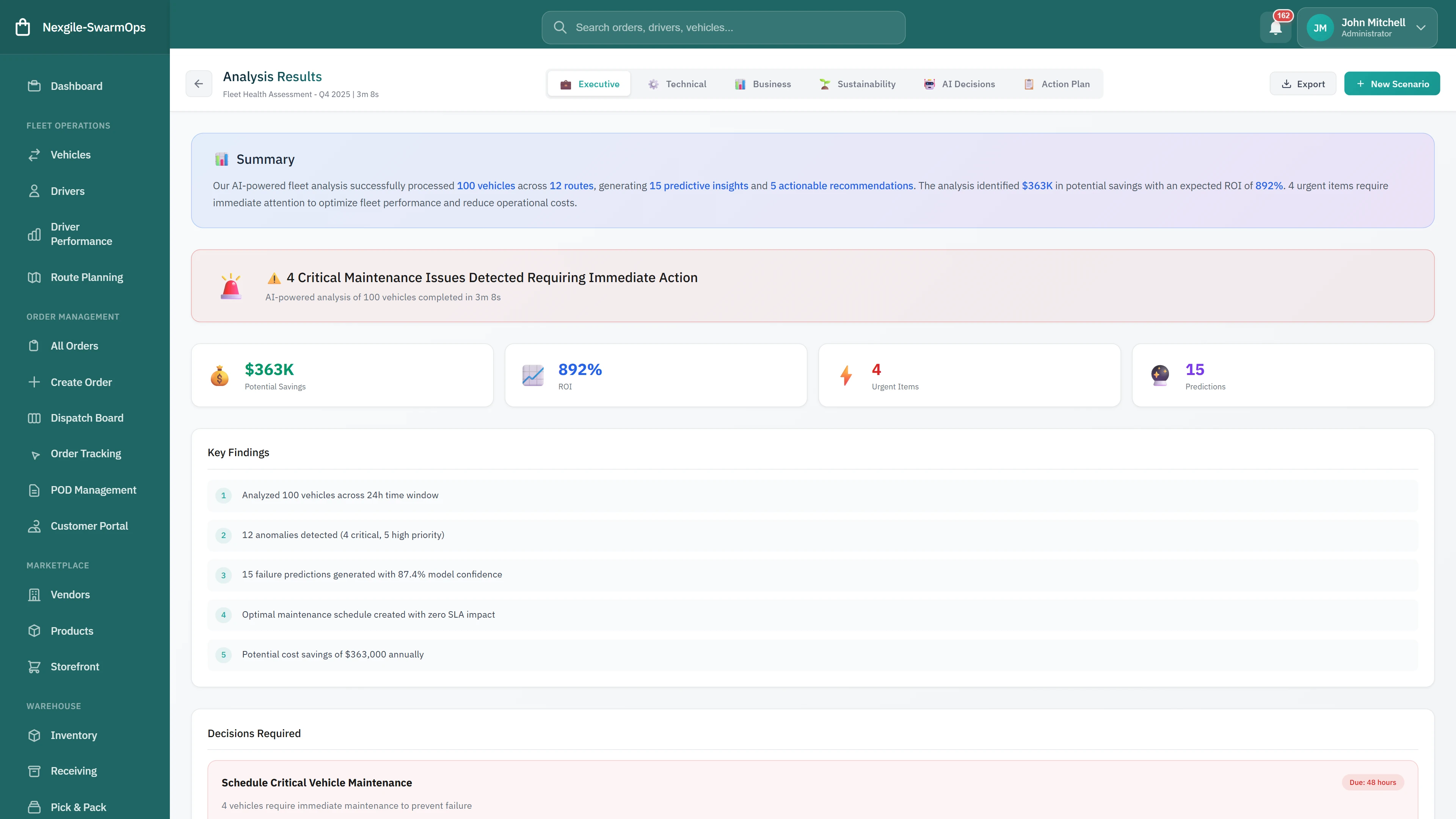 Illustrative preview (sample data, not verified outcomes): Analysis Results - Summary dashboard showing critical maintenance issues detected, potential savings of $363K, 892% ROI, and actionable key findings