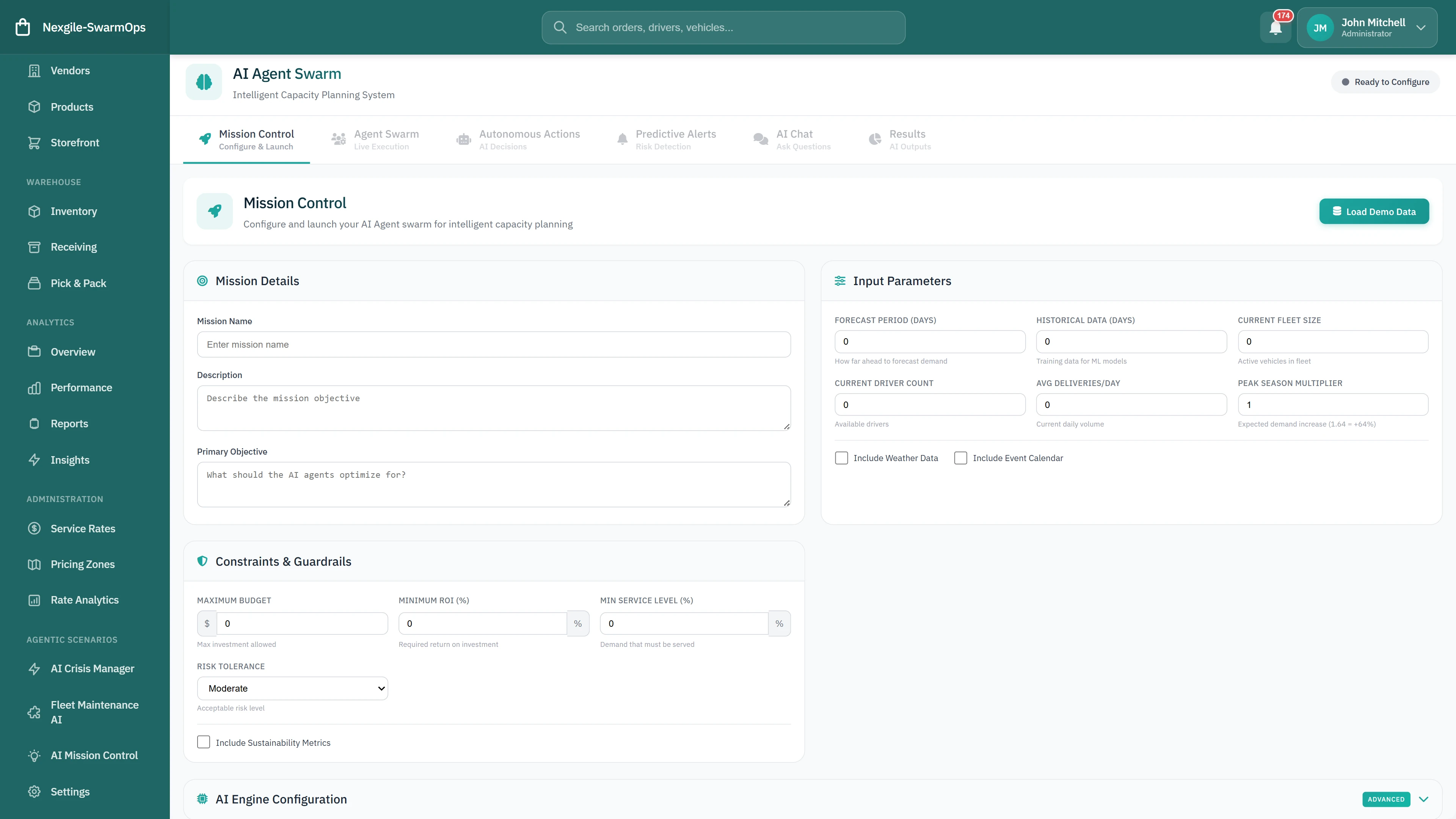 Illustrative preview (sample data, not verified outcomes): AI Agent Swarm - Mission Control configuration with mission details, input parameters, constraints, guardrails, and AI engine settings