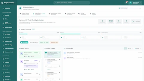 Illustrative preview (sample data, not verified outcomes): Agent Swarm Execution - Live mission view showing system telemetry, agent swarm progress, mission phases, and real-time activity feed